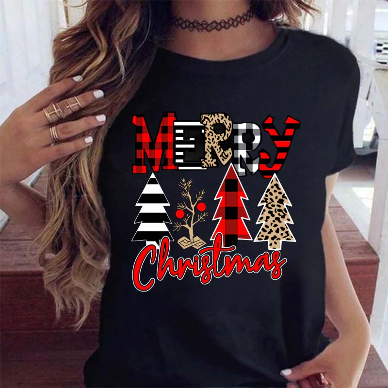 Merry-Christmas-Plaid-Tree-Printed-Women-T-Shirt-Fashion-Graphic-Women-s-Top-Kawaii-Tee-Ladies