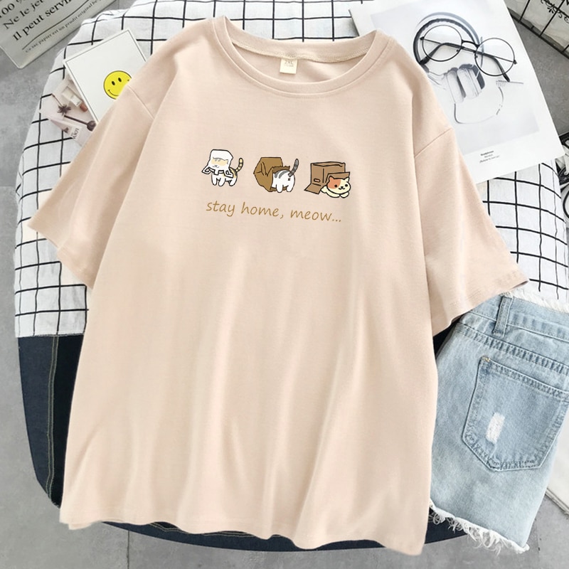 Stay-Home-Meow-Cats-Personality-Print-Women-s-T-Shirts-O-Neck-Sweat-T-Shirts-Casual